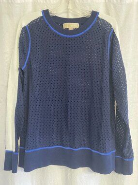 Michael Kors blue and white mesh long sleeve shirt, size Small